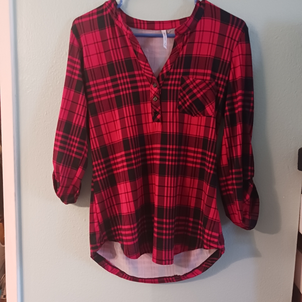 Fitted DNA Couture Red and Black Plaid Blouse